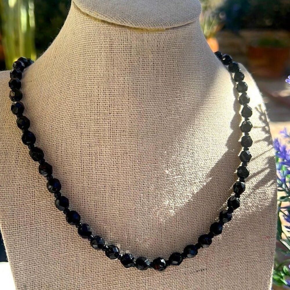 Vintage Signed Monet Black Faceted Lucite Bead Necklace 23”